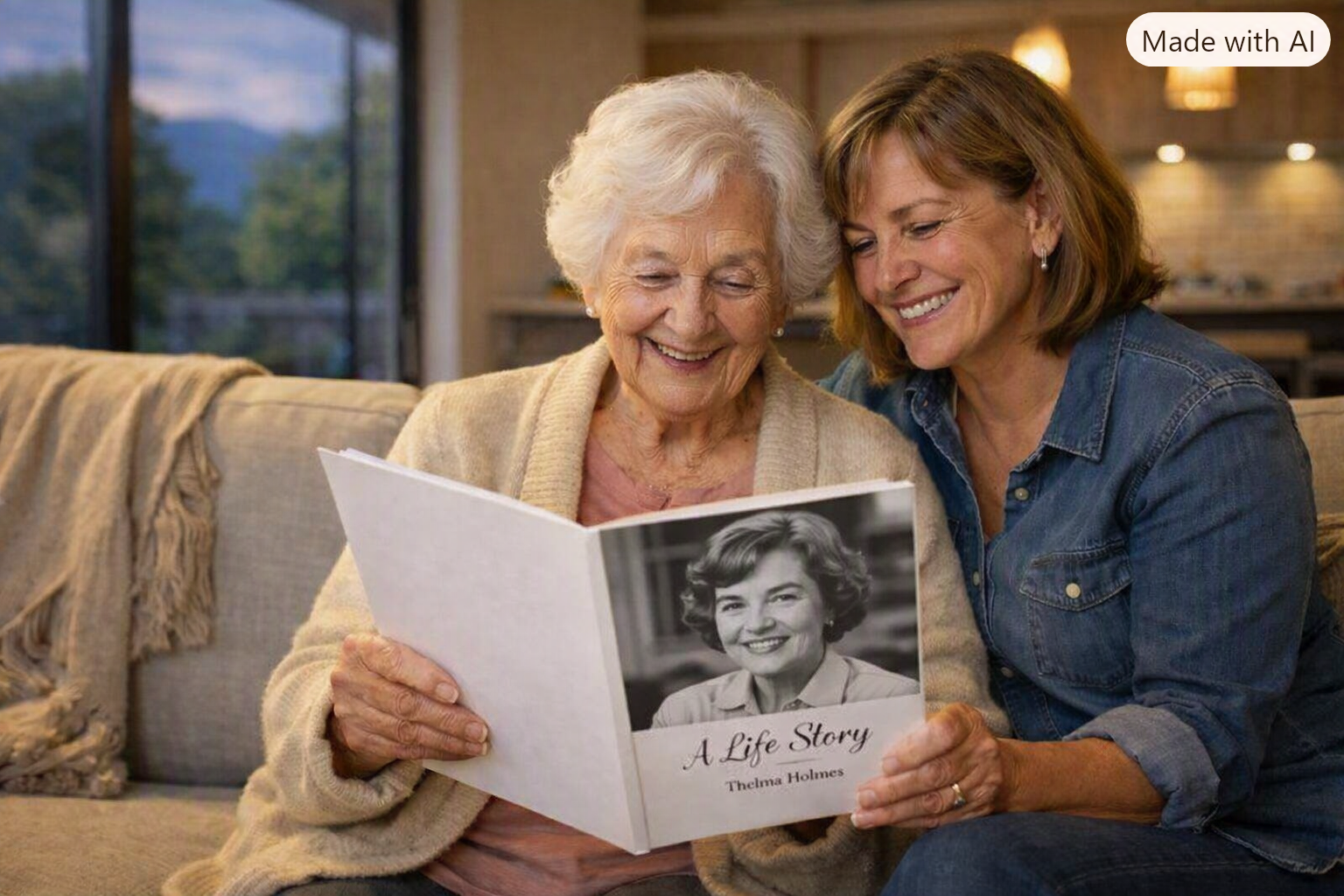 An elderly woman and her adult daughter sitting together on a sofa, smiling as they read her printed life story book
