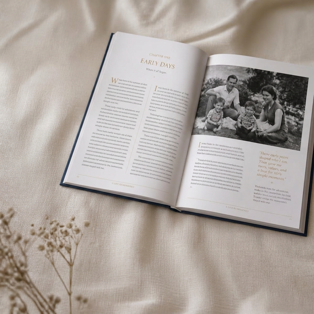 An A4 navy and gold life story book beside an open copy showing a photo and text spread