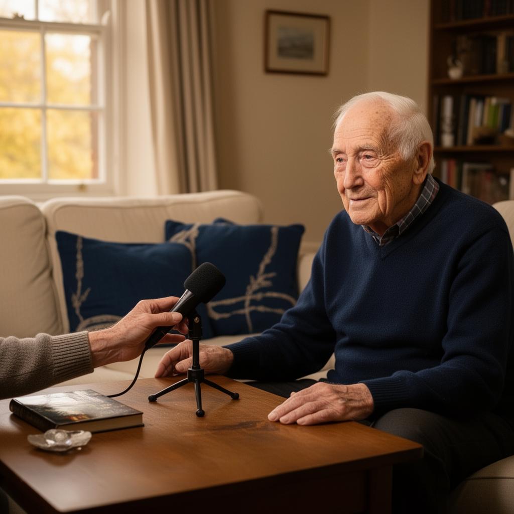 An elderly man being interviewed at his coffee table with a small microphone